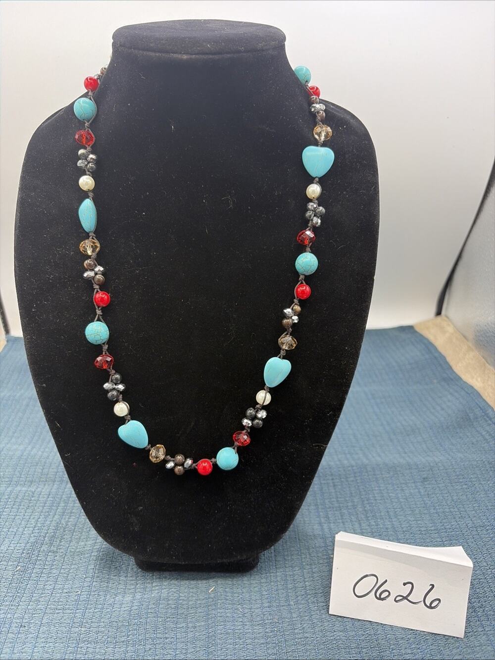 Polished Turquoise Hearts & RoundCoral Multicolor Abstract illusion Necklace 24”